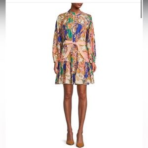 Antonio Milani Brynn Bright Floral Border Print Mock Neck Long Sleeve Dress